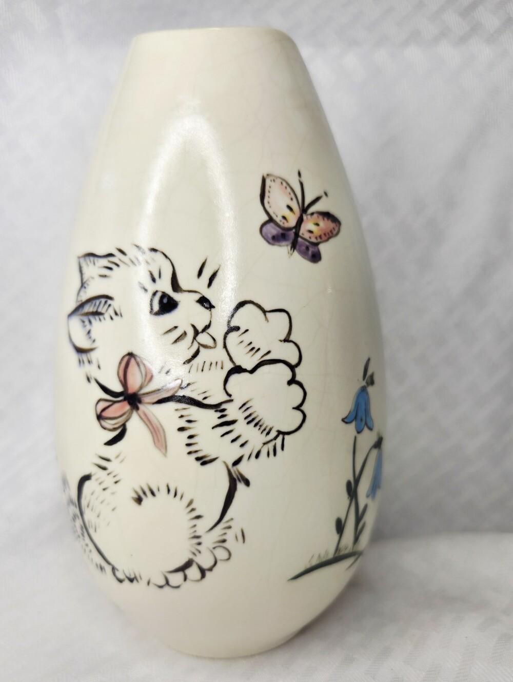 Vintage Holland Mold Hand Painted Kitty Cat Ceramic Vase Butterfly Bluebird
